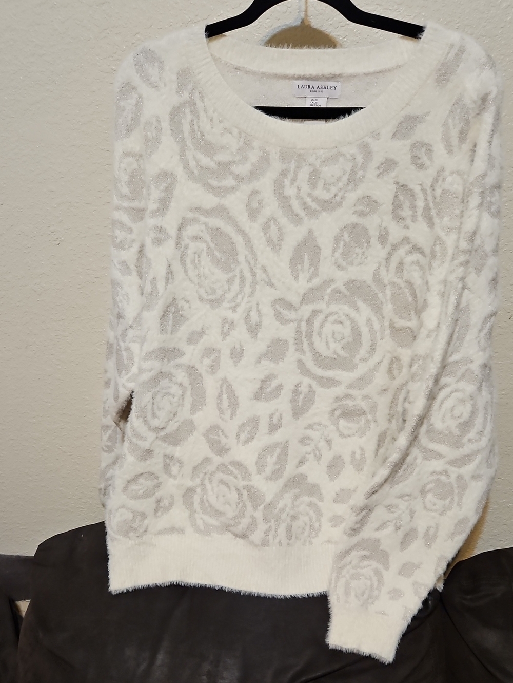 Laura Ashley Cream & Light Gray Floral Fuzzy Crewneck Sweater